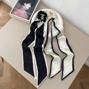 Bow Knot Scrunchies with Long Streamers for Women Black White Contrast Hair Ties Elegant Satin Texture Hair Scrunchie Ponytail Holder Accessories
