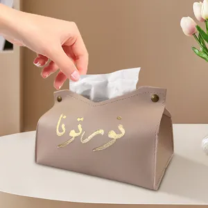 Nordic style leather tissue box with golden print, elegant desktop napkin holder main view.
