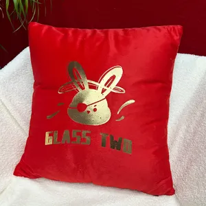 Red plush throw pillow cover with cute gold foil rabbit print, soft cushion for home decor.