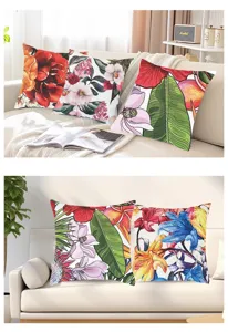 Detailed view of floral print decorative cushion covers set on a cozy modern sofa scene.