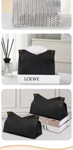 Woven leather tissue box holder for home decor, stylish desktop organizer in silver and black.
