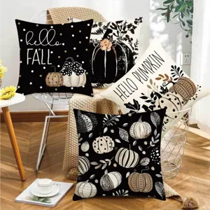 Funda de Cojín de Calabaza de Otoño Decorativa Estampado de Letras Hola Calabaza para Sofá Cama Decoración del Hogar
