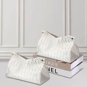 Woven tissue box for home table, stylish braided leather napkin holder for living room.