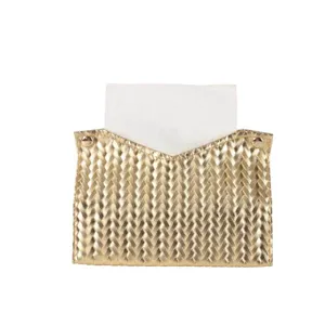 Gold woven leather tissue pouch holder portable facial tissue container for home decor living room