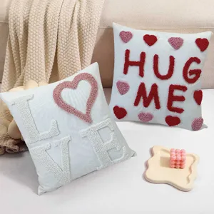 Modern minimalist throw pillow cover with cute heart and letter embroidery for sofa decor.