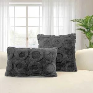 Dunkelgraues Plüsch Jacquard Kissen Set, flauschige Kreis Textur Kissenbezüge für Sofa Bett