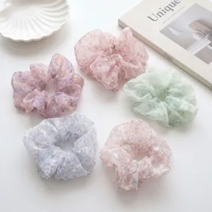 Sweet Korean Floral Print Fabric Scrunchie For Women Girls Elegant Thin Yarn Elastic Hair Tie Ponytail Holder Accessory