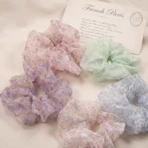 Korean sweet floral sheer scrunchies set, soft lightweight ponytail hair accessories for women.