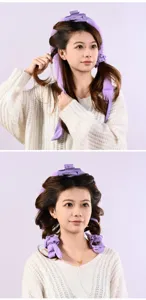 Detail view of heatless curling rod headband set, purple mesh hair roller for waves.