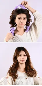 Detail view of heatless hair curling rod set in purple showing wave styling effect on model.