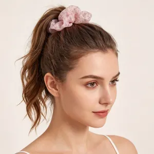 Romantic Korean floral chiffon scrunchie for sweet daily hairstyles, elegant ponytail hair tie.