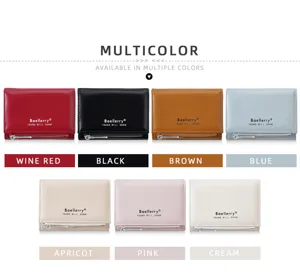Trifold short women's wallet with multiple card slots and zipper coin pocket in various colors.