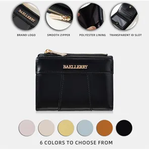 Minimalist short PU women's wallet detail showing card slots, zipper coin pocket and lining.