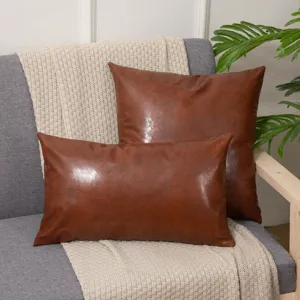Brown faux leather pillow covers set, decorative cushion cases for sofa and living room home.