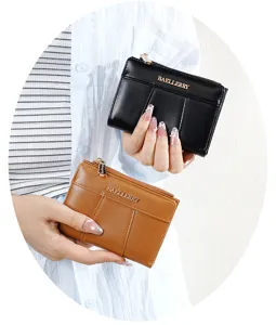 Detailed close-up view of the short PU leather folding wallet featuring multi-card slots.