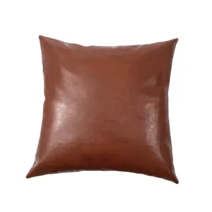 Brown faux leather throw pillow cover for living room sofa, decorative square cushion case.