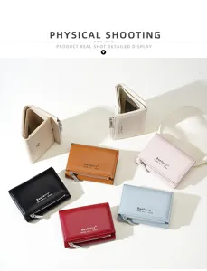 Detailed view of the multi-color trifold short women's wallet with coin pocket and card slots.