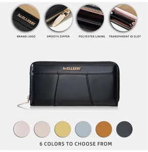 Women's long PU leather zipper wallet with multi-card slots and pocket in solid color.