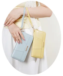 Solid color long women's clutch wallet with wrist strap, large capacity zipper purse for daily.