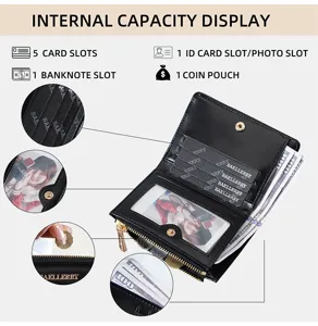 Minimalist short PU leather women wallet with multiple card slots, coin pocket, black color.