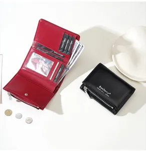Compact trifold women's wallet with multiple card slots, coin zipper pocket and clear ID window.