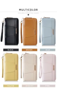 Women long PU leather wallet with wrist strap zipper multi card slots stylish casual purse