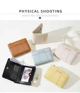 Minimalist PU short women wallet with multi card slots, zipper coin pocket and folding design.