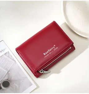 Red trifold short women's wallet with zipper coin pocket, compact stylish card holder.