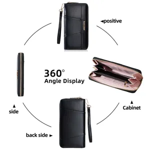 Women long black wallet PU leather zipper clutch purse large capacity card holder multi slot bag