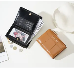 Detailed view of women short PU leather wallet with multiple card slots and coin pocket.