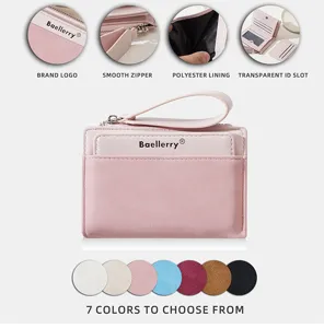 Women short wallet pu leather card holder coin purse zipper multi card slots pink chic