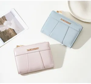 Stylish women's PU leather short wallet with zipper pocket and card slots, cute pastel colors.