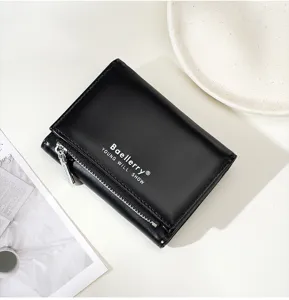 Classic black trifold women wallet with zipper coin pocket and card slots for daily use.