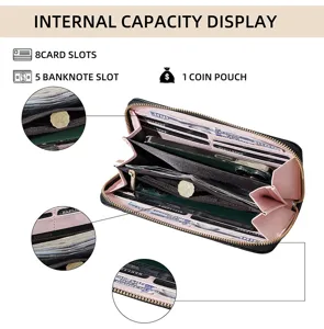 Detailed view of the interior capacity showing multiple card slots and zipper compartments.