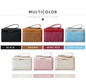 Multicolor short wallet details showing multiple color options, card slots and zipper design.