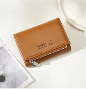 Detailed view of the brown trifold short women wallet with multiple card slots and zipper pocket.