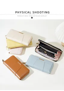 Solid color long women wallet zipper wrist bag large capacity multi-card slot phone purse