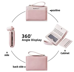 Women short colorblock wallet zipper coin purse card holder wristlet multi-slot pink case
