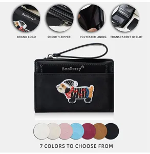 Compact PU leather wallet featuring cute dog embroidery, multiple card slots and secure zip.