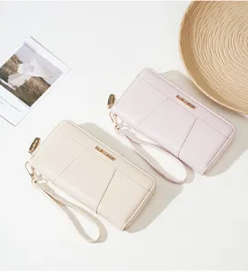 Women long wallet solid color PU leather wristlet purse large capacity card holder clutch.