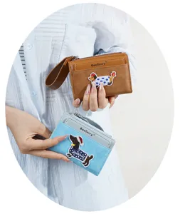 Cute cartoon dog wallet short PU leather zipper coin purse multi-card holder for women daily use