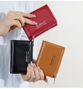 Compact trifold women wallet with zipper coin pocket, multiple card slots, stylish portable.
