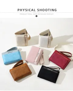 Women's short colorblock wallet multi-card slot zipper coin purse with wrist strap.