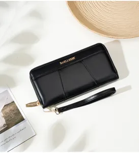 Black long women wallet PU leather zipper clutch wrist bag large capacity card holder daily use