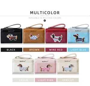 Multi-color cute dachshund short wallet card holder with zipper and wrist strap for women.