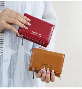 Close-up details of the tri-fold women wallet featuring multiple card slots and secure zip pocket.
