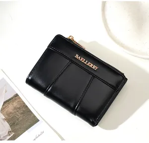 Detail view of a black PU leather short folding wallet with metal logo and zipper closure.