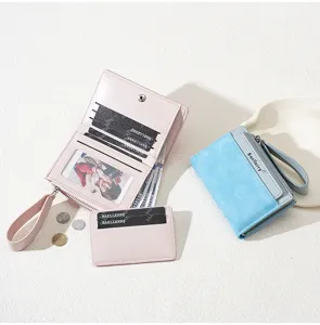 Women short colorblock wallet multi card slots zipper coin purse wrist strap cute compact purse