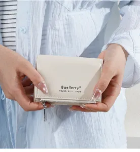 Close-up details of trifold short women wallet with multiple card slots and zipper coin pocket.
