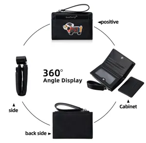 Detailed view of black multi-functional short wallet with cute puppy embroidery and wrist strap.